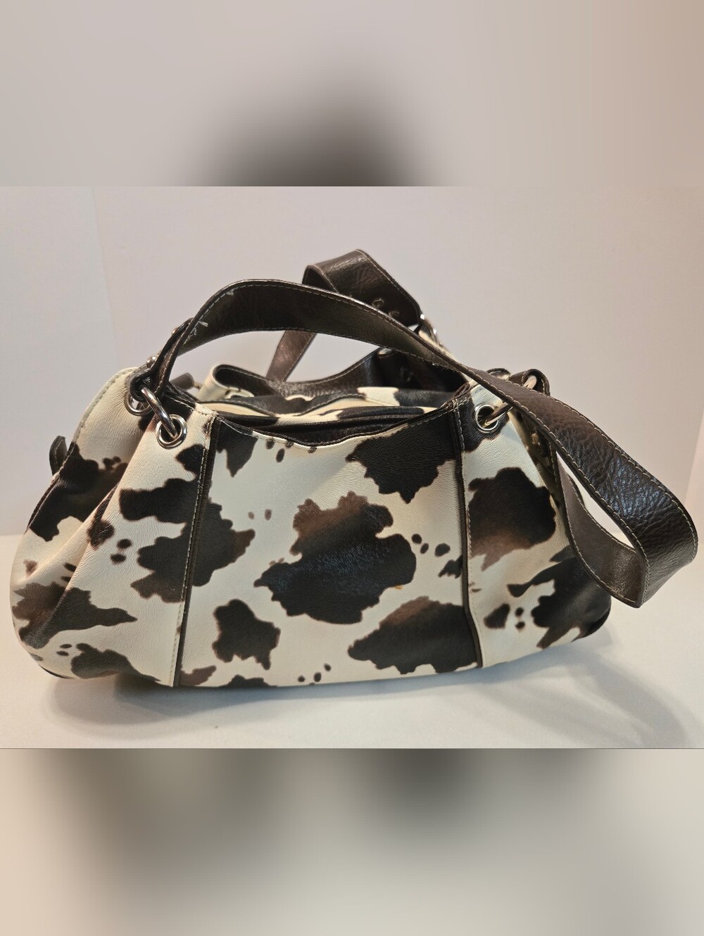 Vintage Cow-Print Satchel in Brown and White - Picture 1 of 12